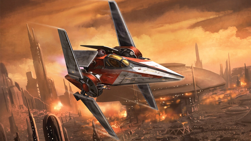 A V-Wing flies over a burning Senate during the battle of Coruscant.